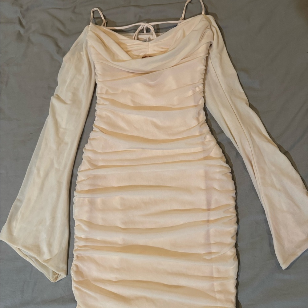 Oh Polly Cream Long Sleeve Ruched Dress